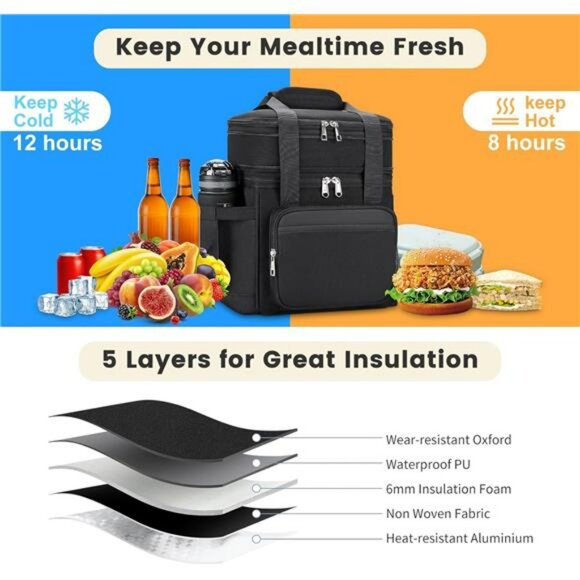 Large insulated lunch bag double deck leakproof cooler tote for work picnic trav - Picture 6 of 7